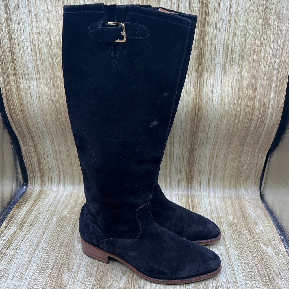 The Office of Angela Scott High Boots Womens Size 7.5 EU 37.5 Black Suede Buckle